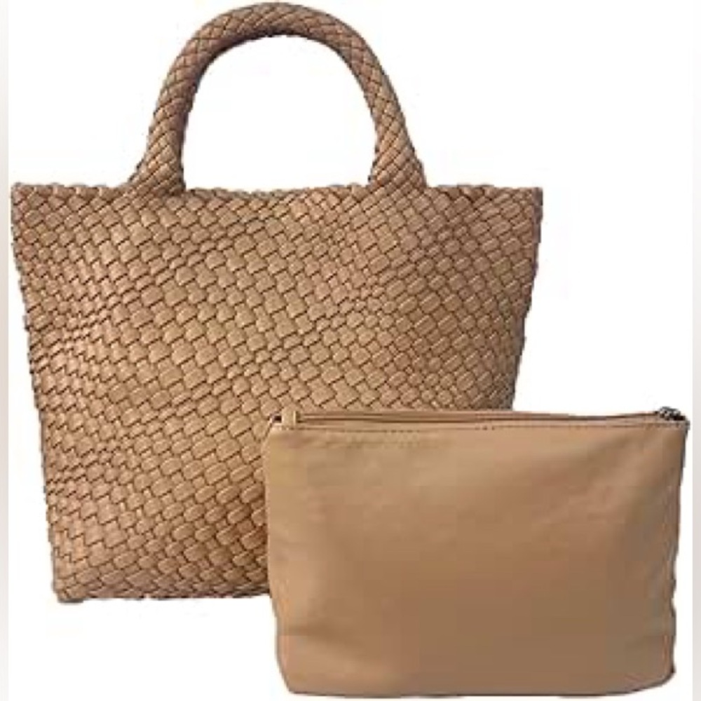 New Large Woven Vegan Leather Tote Bag with Matching Clutch – Beige - Picture 14 of 14